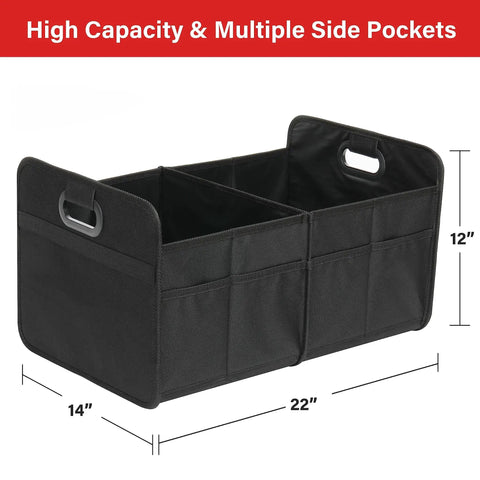 Road Trip Ready Trunk Organizer for Car and SUV, Two Compartment Collapsible 50L Storage Box with side pockets, black.