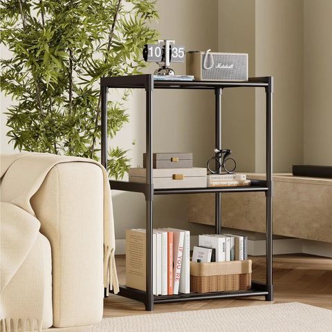 Kick Dust Bunnies Out The Door With This Solid 3 Tier Metal Storage Shelf, black rack with three levels, 17.3x12.8x28.9 inches.
