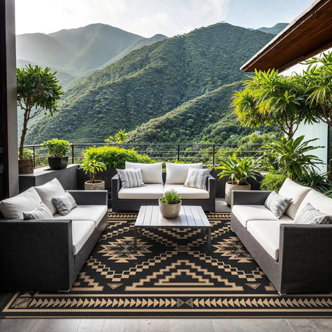 Reversible Waterproof Outdoor Rug 5x8 Ft For Patio Deck Porch RV Beach And Backyard With Black And Brown Geometric Pattern on patio