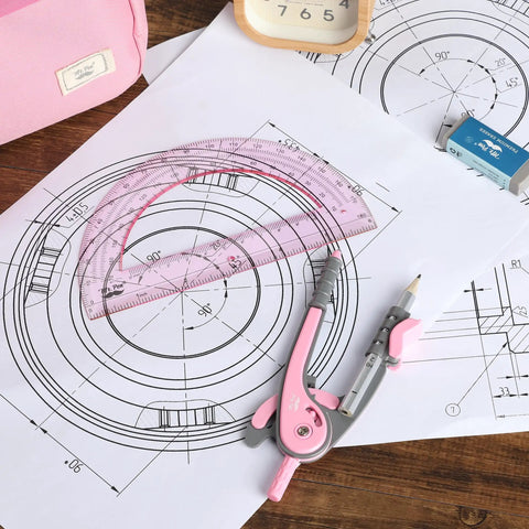 6 Inch Compass And Protractor Gear For Geometry And Drafting, Precision Circle Maker With Sturdy Grip And Smooth Handling, Ideal For Classrooms, DIY Projects, Art And Design, Arc And Circle Creation. Pink compass and protractor set on drafting paper