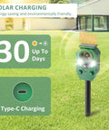4 Pack Solar Powered Ultrasonic Animal Repeller Outdoor Waterproof With Motion Activated Sensor Strobe Light 5 Frequency Modes To Help Keep Pests At Bay Cats Raccoons Squirrels Deer Rabbits And More, green outdoor unit on stake with solar panel