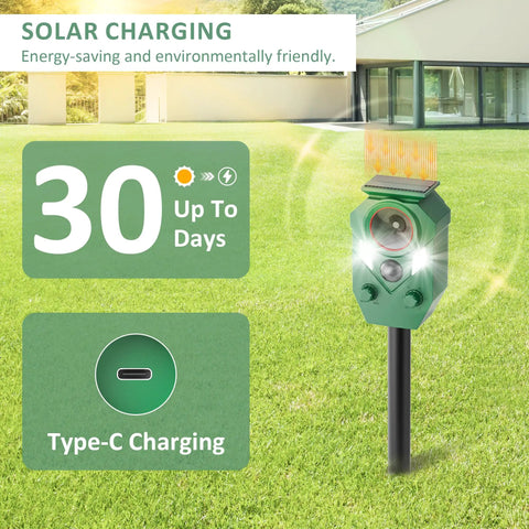 4 Pack Solar Powered Ultrasonic Animal Repeller Outdoor Waterproof With Motion Activated Sensor Strobe Light 5 Frequency Modes To Help Keep Pests At Bay Cats Raccoons Squirrels Deer Rabbits And More, green outdoor unit on stake with solar panel