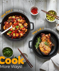 Heavy Duty Cast Iron Dutch Oven With Dual Purpose Skillet Lid 5 Quart Preseasoned Pot with beans and steak cooking