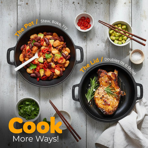 Heavy Duty Cast Iron Dutch Oven With Dual Purpose Skillet Lid 5 Quart Preseasoned Pot with beans and steak cooking
