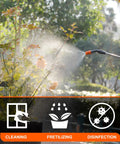 Cordless 1 Gallon Electric Sprayer With Built In 4000mAh Battery spraying water on plants, Telescopic Wand visible