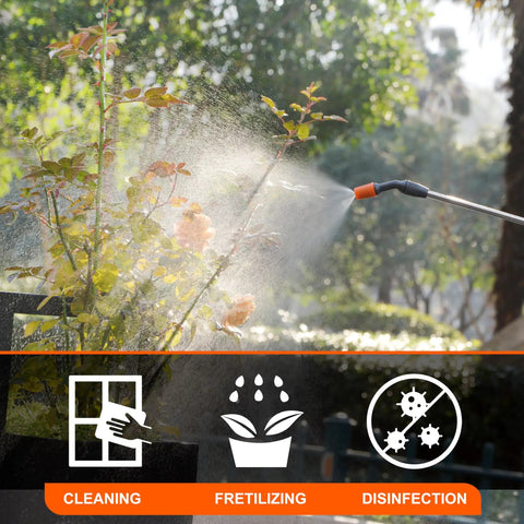 Cordless 1 Gallon Electric Sprayer With Built In 4000mAh Battery spraying water on plants, Telescopic Wand visible