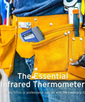 Non Contact Infrared Thermometer With Dual Laser For Objects, Adjustable Emissivity, 12 To 1 Distance To Spot, Measures -50C To 550C (58F To 1022F), Standard Size, Blue And Gray, Not For Human Use, Quick Read For Home DIY Or Shop in yellow tool belt