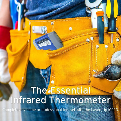 Non Contact Infrared Thermometer With Dual Laser For Objects, Adjustable Emissivity, 12 To 1 Distance To Spot, Measures -50C To 550C (58F To 1022F), Standard Size, Blue And Gray, Not For Human Use, Quick Read For Home DIY Or Shop in yellow tool belt