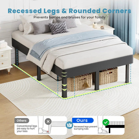King Size Box Spring And All In One Mattress Foundation 18 Inch Steel Frame with recessed legs and rounded corners for safety.
