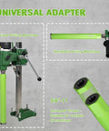 Universal adapter infographic; green metal 5/8-11 threaded drill adapter for fixed and handheld machines