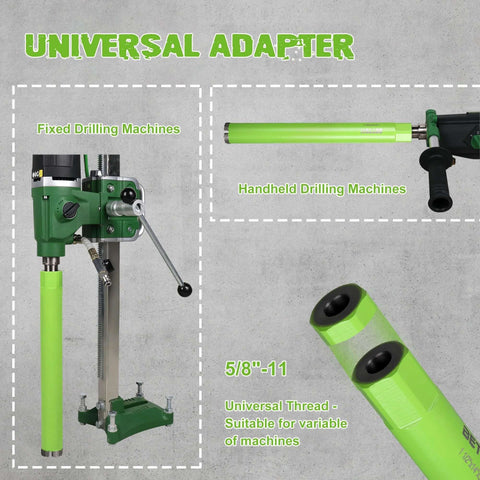 Universal adapter infographic; green metal 5/8-11 threaded drill adapter for fixed and handheld machines