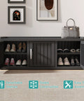 Front view of Go-To Weatherproof Resin Shoe Storage Cabinet With Adjustable Shelves And Bench, showing black 3 barn doors.
