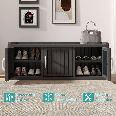 Front view of Go-To Weatherproof Resin Shoe Storage Cabinet With Adjustable Shelves And Bench, showing black 3 barn doors.