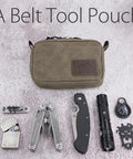 Heavy Duty Waxed Canvas Belt Pouch With YKK Zippers For Men And Women, EDC Waist Pack, Olive, with tools displayed on a surface