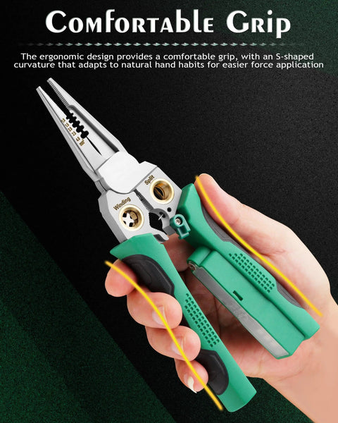 Hand holding 8 In 1 Wire Strippers With Voltage Tester And Cable Cutter Plier Twister Crimper Multifunctional Tool, ergonomic grip.