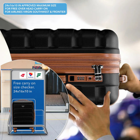 Expandable Hardside Carry On Luggage With USB C, TSA Lock, quiet dual spinner wheels, showcasing size checker at airport.