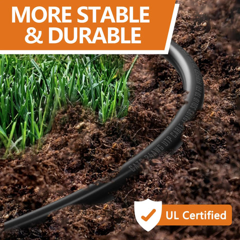 Tough As Nails Outdoor 50 Ft Cat6 Cat5E Ethernet Cable 24AWG direct burial shown in soil near grass, waterproof and UV resistant