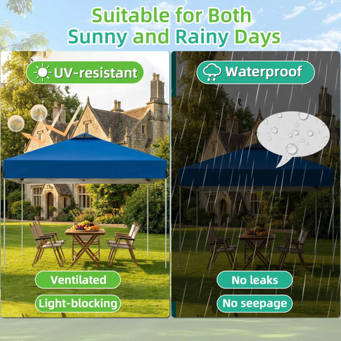 Blue 10x10Ft Pop Up Canopy Tent With Easy Setup Portable Outdoor Gazebo Shelter in garden showing UV-resistant and waterproof features