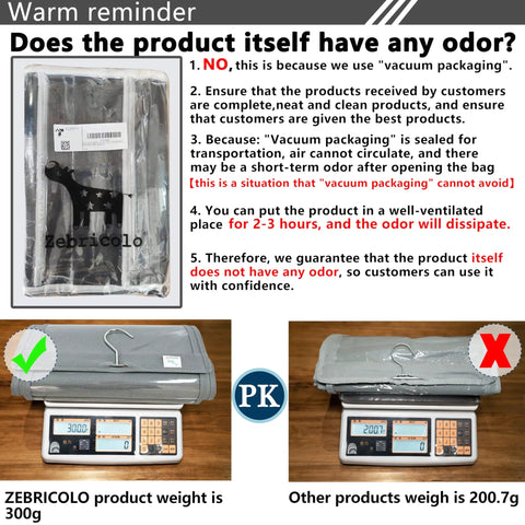 Infographic about ZEBRICOLO product packaging benefits, highlighting no odor and comparison of weight with similar products.