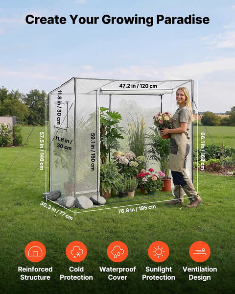 Walk In Greenhouse For Outdoors With Windows PE Cover Roll Up Zipper Door 76.8 Inches Long 30.3 Inches Wide 66.1 Inches High