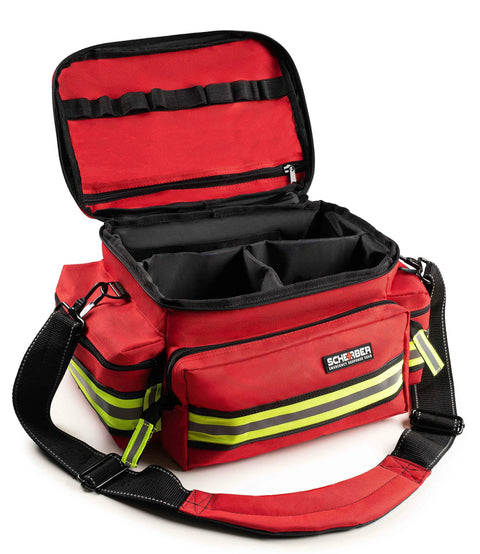 Red Scherber first responder trauma kit bag with reflective stripes and multiple compartments