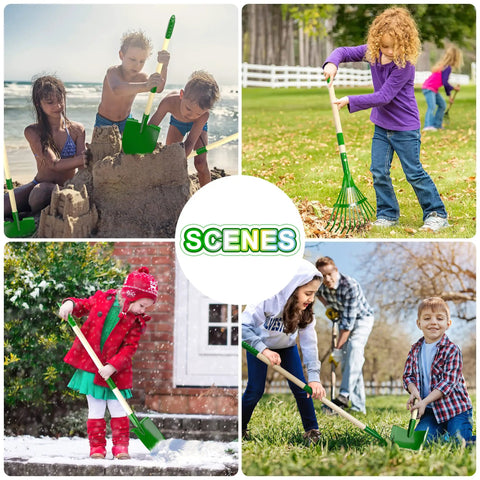 Children using Kid Friendly Garden Tools Set With 7 Piece Wheelbarrow Kit Shovel Rake Leaf Rake Gloves And Spray Bottle For Backyard Fun Designed For Little Garden Heroes Ages 2 3 Plus Green in various outdoor scenes.