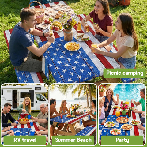 Waterproof Picnic Table And Bench Cover Set For Outdoor Camping Fits 72 Inch Tables And 72 Inch Benches American Flag Pattern Ideal RV Travel Gear Must Have Accessory For Road Trips And Campers used by people during a picnic.