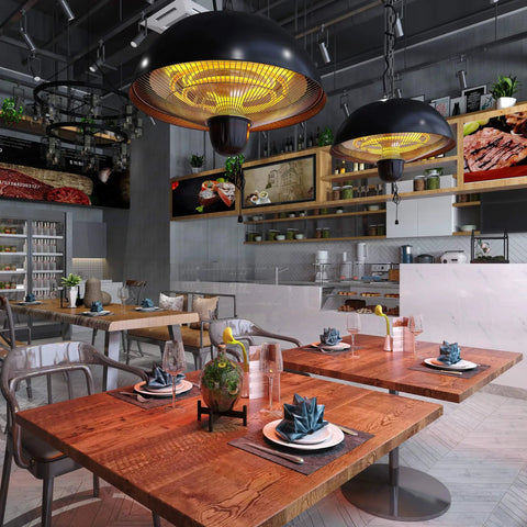 Infrared Hanging Patio Heater for Indoor Outdoor Use, Ceiling Mount, 3 Heat Settings 600W/900W/1500W in a restaurant