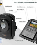 German Engineered Full HD Time Lapse Camera Built For Construction Progress And House Builds Garden Growth Outdoor Shots And Security Monitoring A Do It All Pick With Easy Setup And Included Mount Belt Rope And Wall Bracket with labeled features.