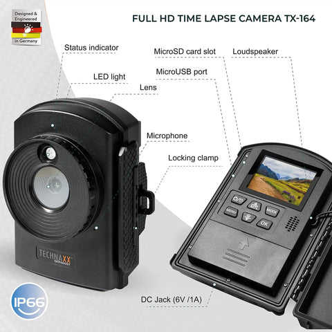 German Engineered Full HD Time Lapse Camera Built For Construction Progress And House Builds Garden Growth Outdoor Shots And Security Monitoring A Do It All Pick With Easy Setup And Included Mount Belt Rope And Wall Bracket with labeled features.
