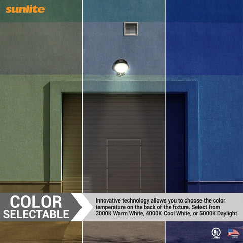 LED Roadway Security Light With Dusk To Dawn Sensor illuminating different color temperatures on blue building wall.
