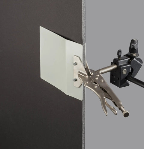 Impact Plate Clamp Duckbill Style Seven Inch Metal Jaw For Flat Items Up To Four Inch Thick holding a foam core board