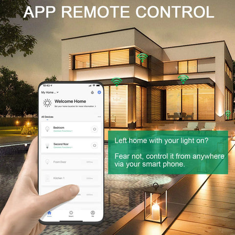 Smart Dimmer Switch Black With Trailing Edge Tech for LED Bulbs app interface on smartphone, controlling home lighting remotely