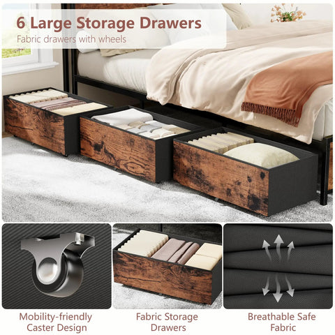 Queen Bed Frame With A Slick Two Tier Storage Headboard And Built In Charging Station Plus Six Roomy Drawers For A Game Changing Sleep Setup And Effortless Daily Flow featuring six large fabric drawers.