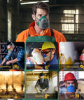 Man wearing Reusable Half Face Respirator Mask With 2818 Silicone Dust Mask For Painting Cleaning And Sanding Includes Six Filter