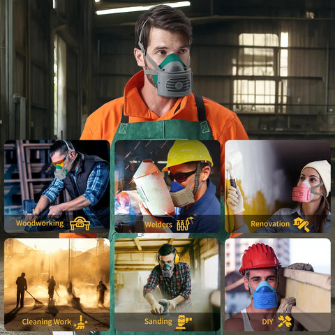 Man wearing Reusable Half Face Respirator Mask With 2818 Silicone Dust Mask For Painting Cleaning And Sanding Includes Six Filter
