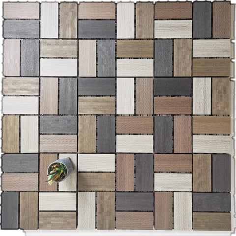 Durable Wood Plastic Composite Patio Deck Tiles With Interlocking Design For 3D Random Pattern DIY Floor Tiles in brown and beige.