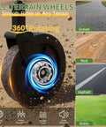 Close-up of 360-degree rotating all-terrain wheel on heavy duty foldable wagon for gravel, mud, asphalt, and grass surfaces.