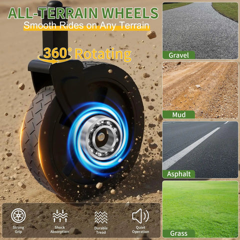 Close-up of 360-degree rotating all-terrain wheel on heavy duty foldable wagon for gravel, mud, asphalt, and grass surfaces.