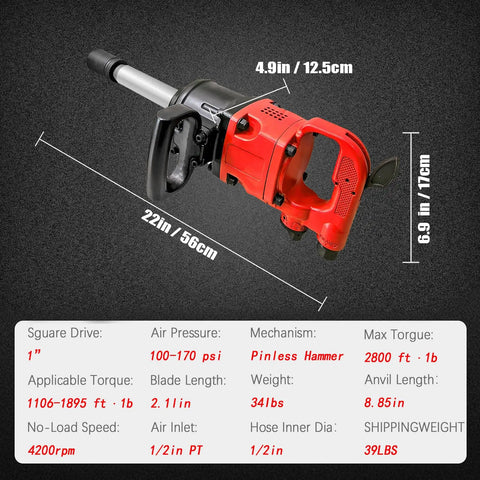 High Performance 1 Inch Air Impact Wrench Built With A Pinless Hammer Mechanism And 4200 Rpm No Load Speed Plus Boss Level 2800 Ft Lbs Max Torque for yanking rusty bolts.