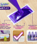 WetJet Hardwood And Floor Spray Mop Cleaner Starter Kit with power mop and pad on hardwood with features highlighted.