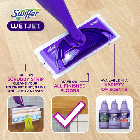 WetJet Hardwood And Floor Spray Mop Cleaner Starter Kit with power mop and pad on hardwood with features highlighted.