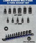 Premium 11 Piece E Torx Socket Set Fits 1/4 And 3/8 Inch Drives, CRV steel, laser-marked, E4 to E20 sizes organized on holder.
