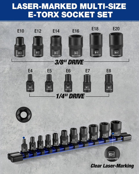 Premium 11 Piece E Torx Socket Set Fits 1/4 And 3/8 Inch Drives, CRV steel, laser-marked, E4 to E20 sizes organized on holder.
