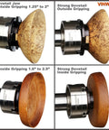 Three And A Half Inch Self Centering Wood Lathe Chuck Set With Round Jaw Mount gripping wood pieces from various angles.