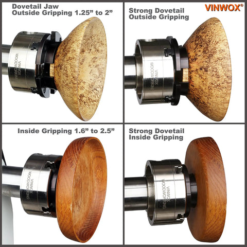 Three And A Half Inch Self Centering Wood Lathe Chuck Set With Round Jaw Mount gripping wood pieces from various angles.