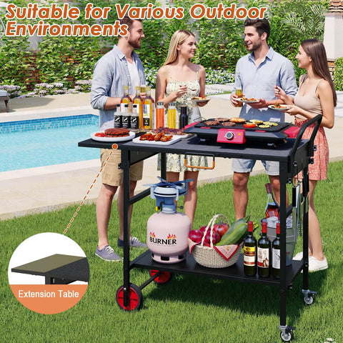Foldable Grill Cart With Oversized Wheels For 17 To 22 Inch Grills, in use at a backyard party poolside setting.