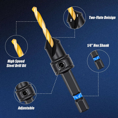 Countersink Drill Bit Set For Wood With Dual Flute 82 Degree Countersink, Five HSS Bits, Magnetic Extension Bit Holder, Hex Wrench