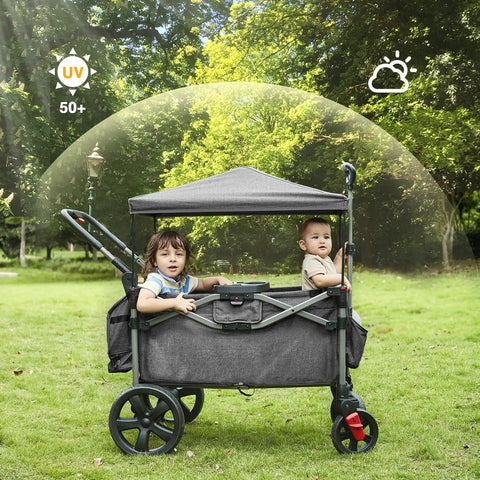Foldable Wagon For Two Kids And Cargo With Adjustable Telescoping Handle, Collapsible Stroller Wagon With Removable Canopy