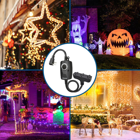 Hella Durable Outdoor Light Timer With Built In Photo Sensor And Two Foot Extension Cord For Dusk To Dawn Auto Shutoff Weatherproof Plug And Play Schedule Control displayed with Halloween decorations.